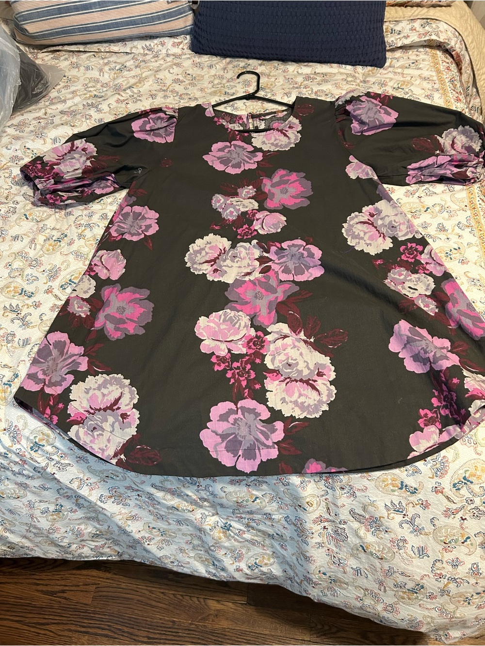 Free People Black Tunic with Pink & Purple Floral Print